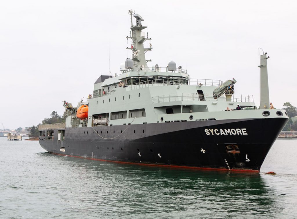 An image of the MATV, MV Sycamore, on the water.