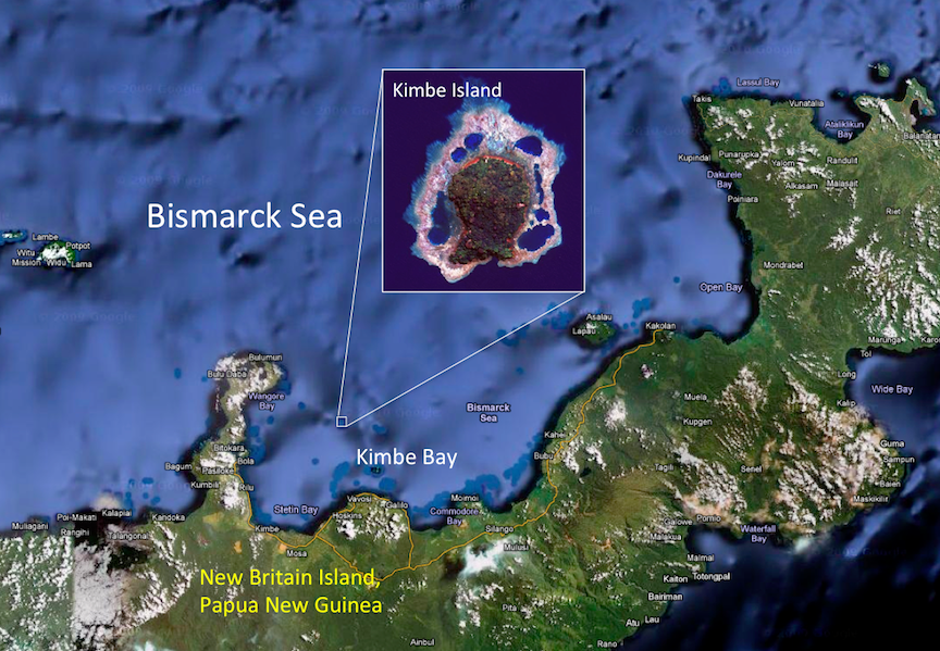 Map showing the location of Kimbe Island in New Britain, the largest island in the Bismarck Archipelago
